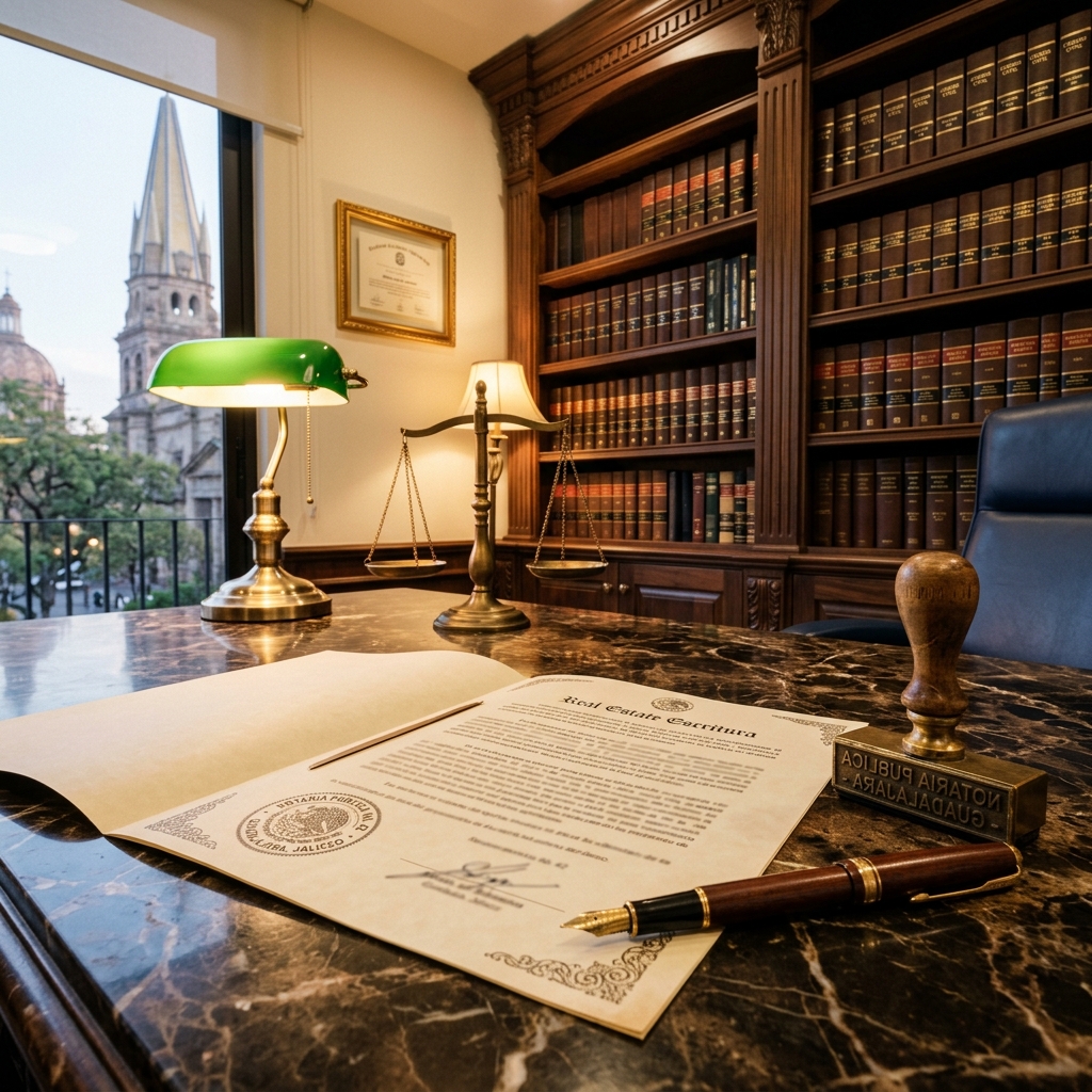 Notario público revisando escritura inmobiliaria con cliente en bufete legal de Guadalajara