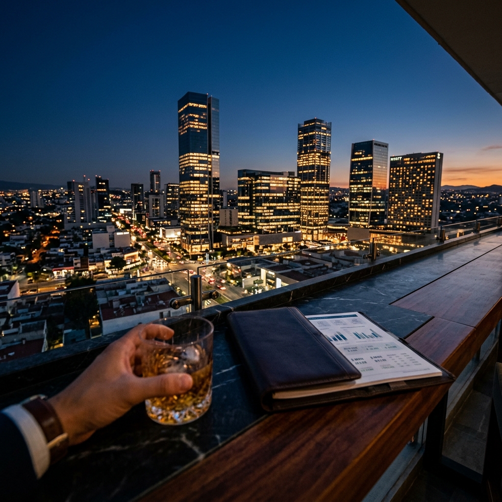 Vista panorámica nocturna de torres de departamentos en Andares Guadalajara con datos de mercado