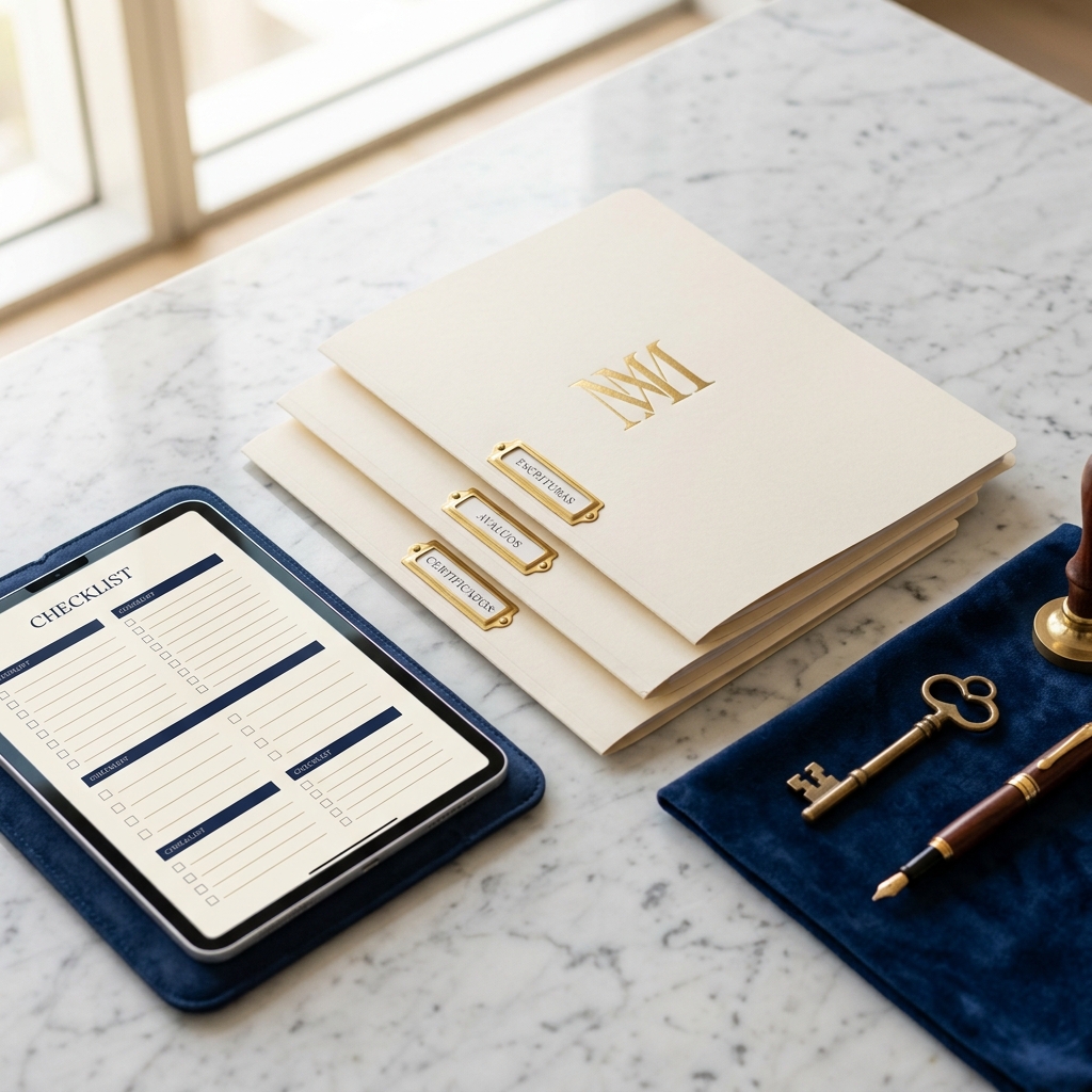 Mesa con documentos inmobiliarios organizados, sellos notariales y pluma fountain pen
